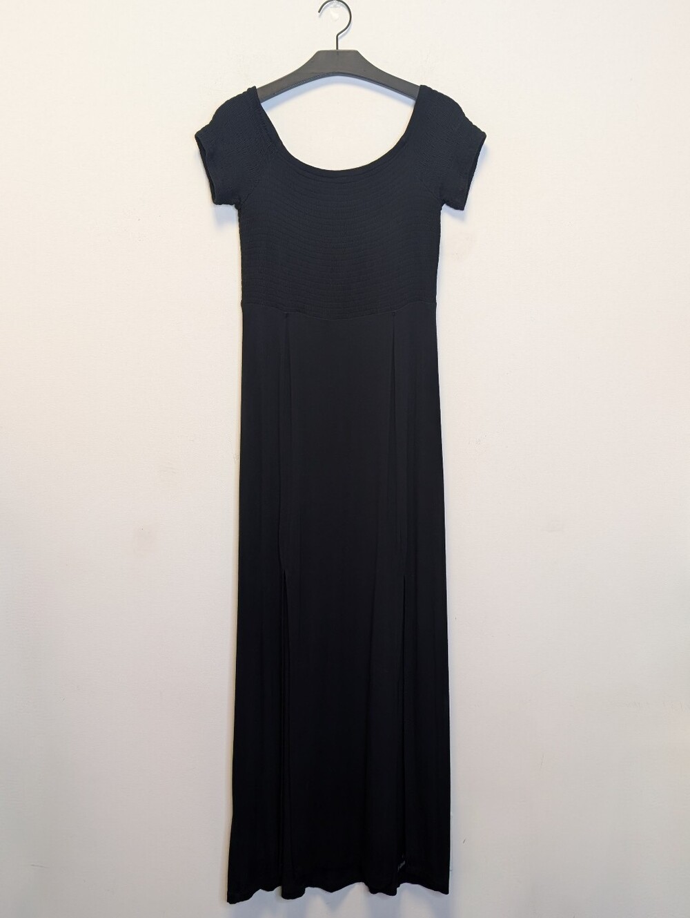Express Black Maxi Dress Smocked Textured Bodice Dramatic Double Slit Stretchy M - Picture 7 of 13
